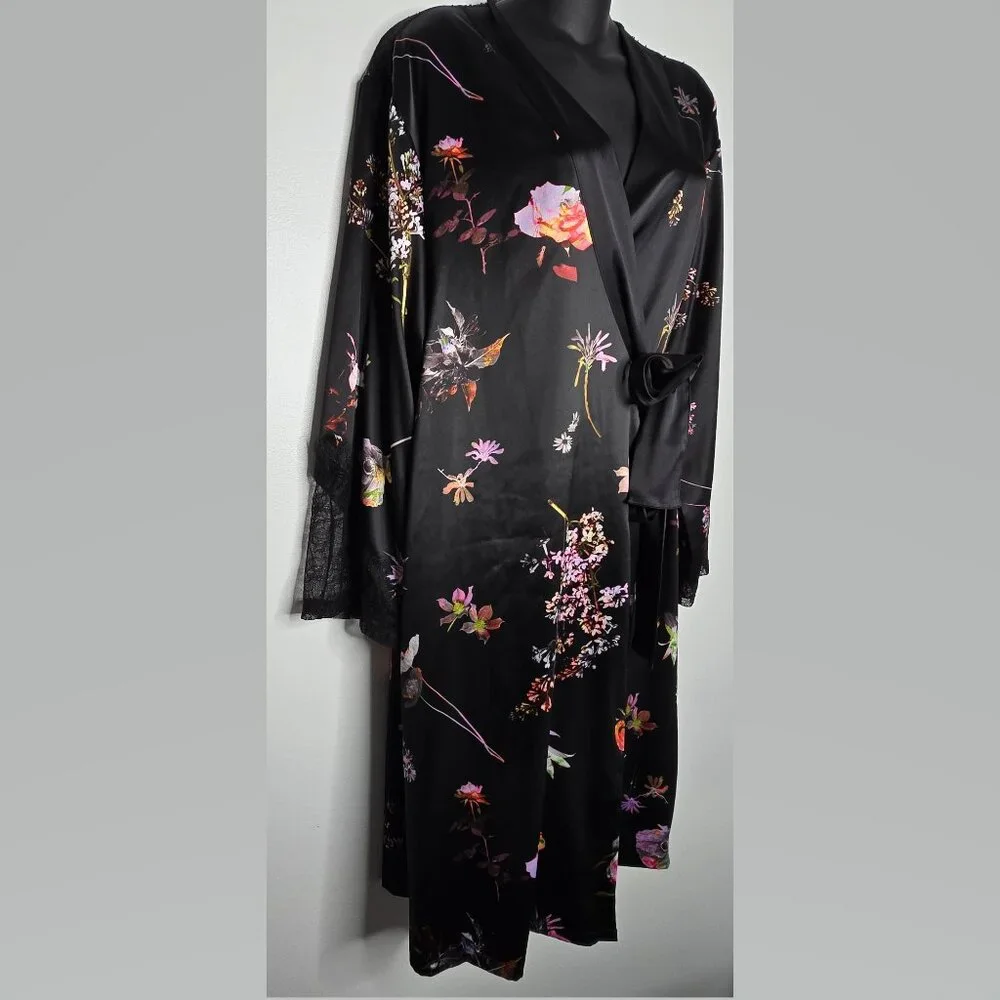 Victorias Secret Womens M/L Floral Satin Robe Kimono Sheer Lace Back with Belt‎